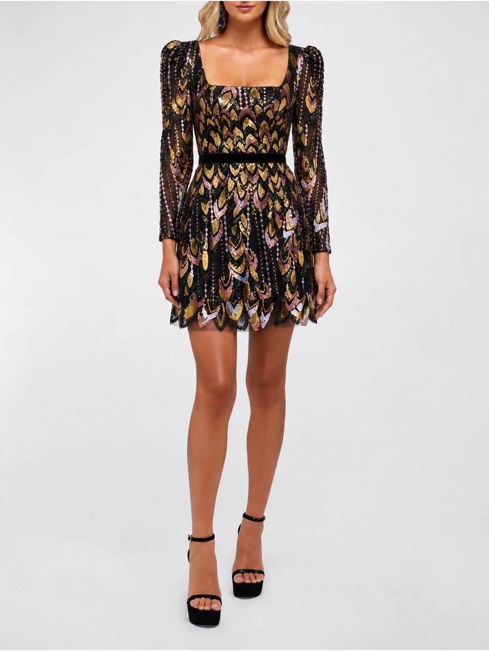 Helsi Alice Square-Neck Sequin Mini Dress in Black & Gold size XS Preloved